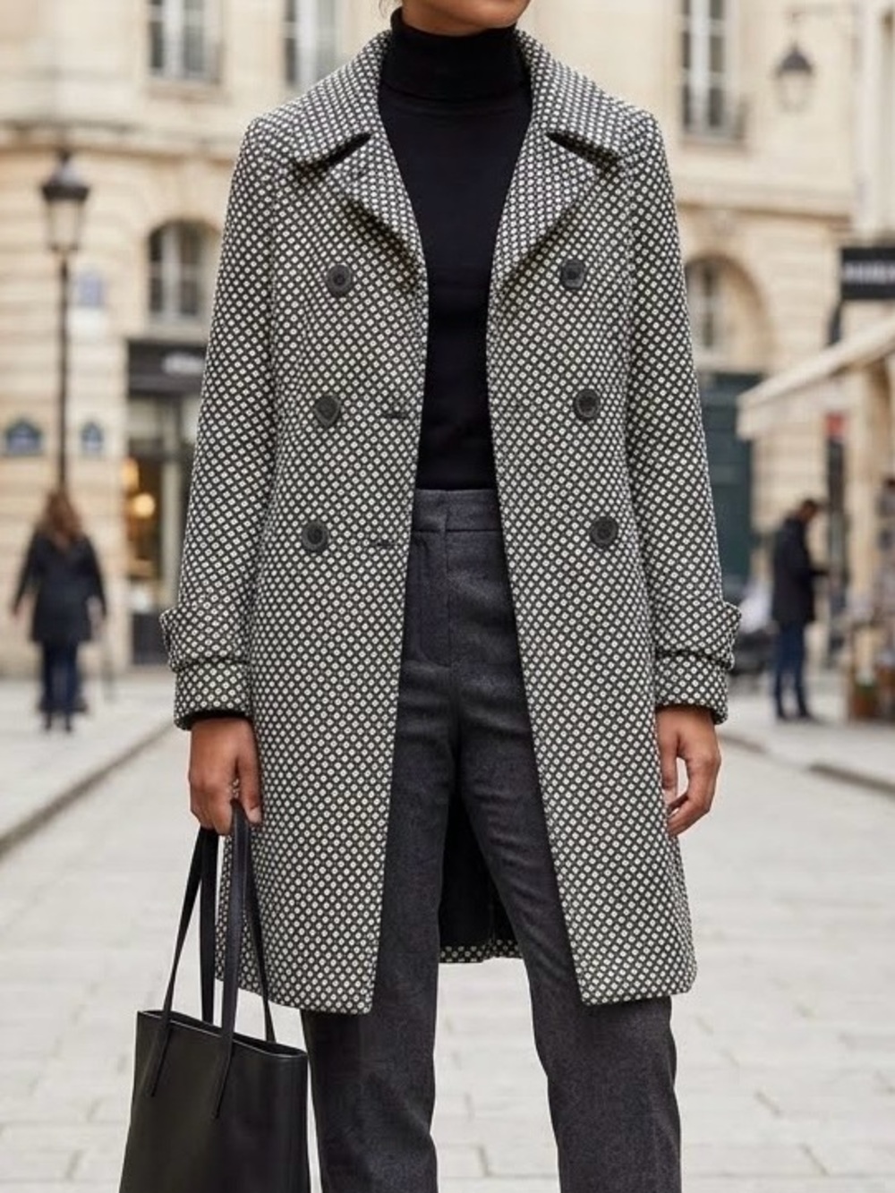 Vintage Polka Dot Double-Breasted Women's Coat - Black & White